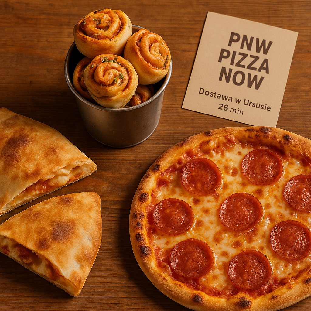 Calzone, rollsy i klasyczna pizza na drewnianym stole, oferta PNW Pizza Now z dostawą w Ursusie