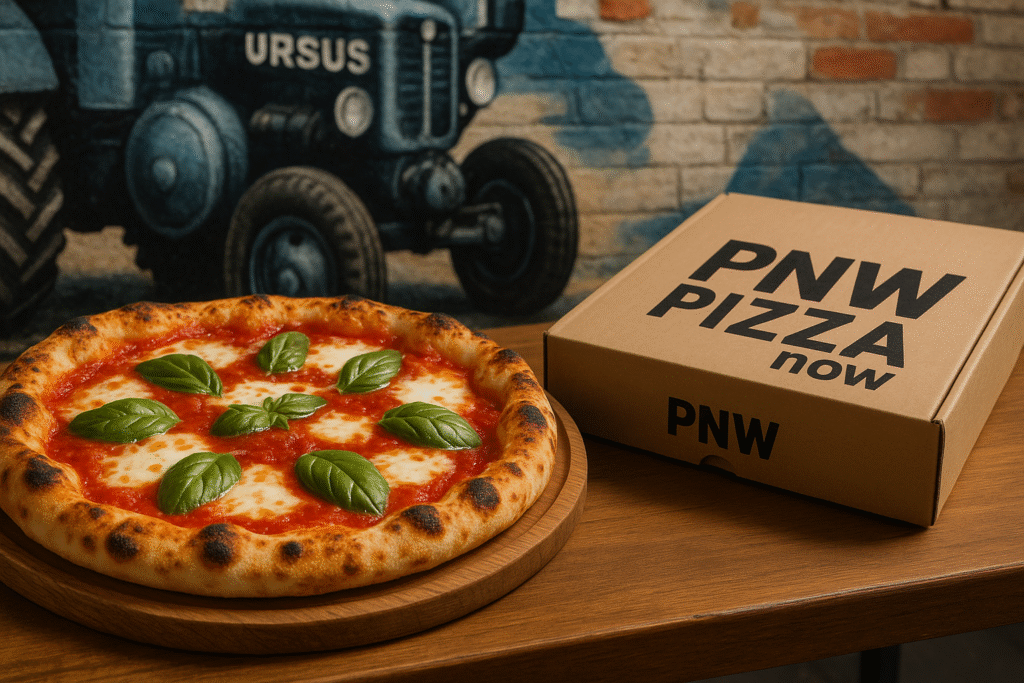 Soczysta pizza Margherita z PNW Pizza Now na drewnianej desce