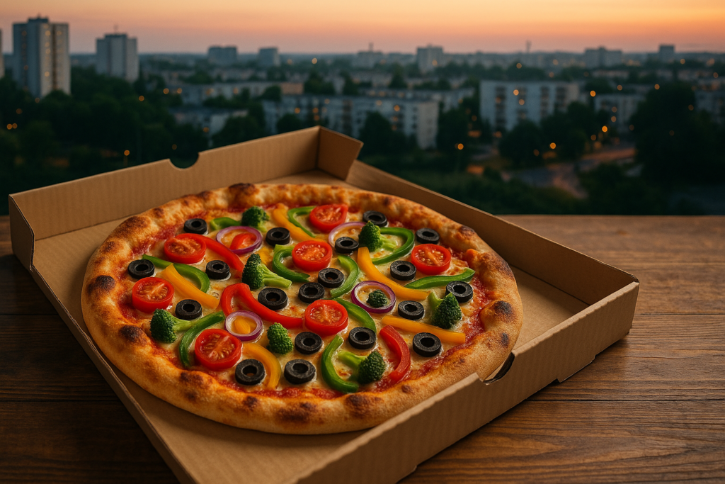 Świeża pizza z kolorowymi składnikami na tle Ursusa