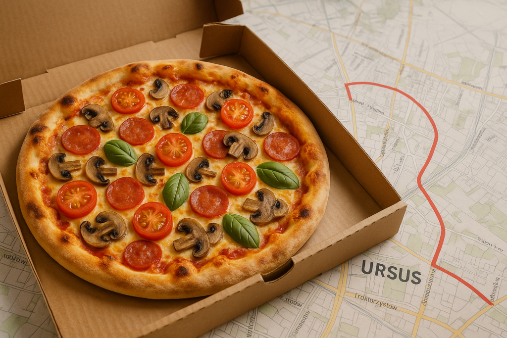 Gorąca pizza na chrupiącym cieście w pudełku, obok mapa Ursusa z trasą dostawy