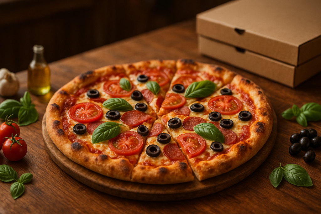 Świeżo upieczona pizza z chrupiącym ciastem w lokalnej pizzerii