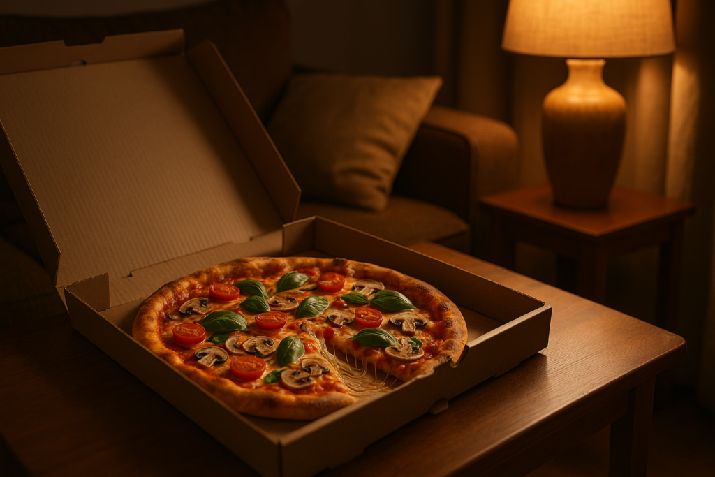 Gorąca pizza jedzona późnym wieczorem w domowym wnętrzu