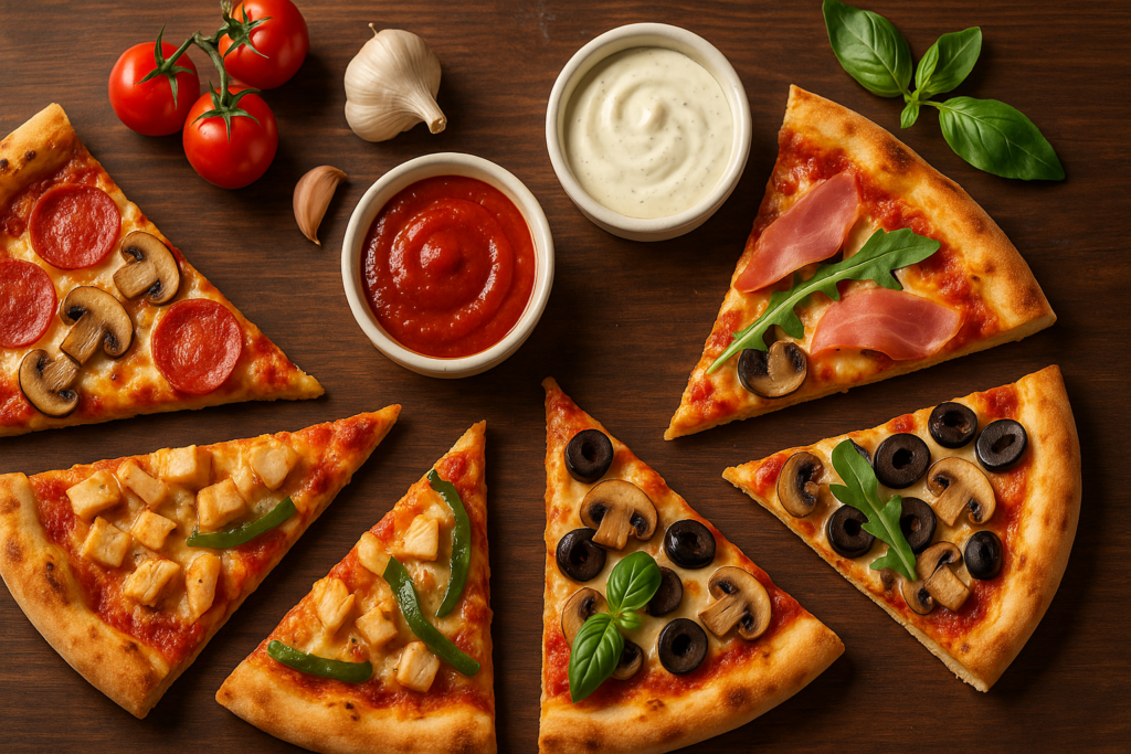 Kawałki pizzy z różnymi dodatkami oraz sos czosnkowy i pomidorowy podane obok