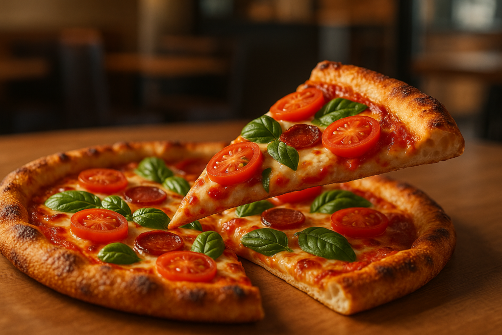 Świeżo upieczona pizza z chrupiącymi brzegami i cienkim ciastem