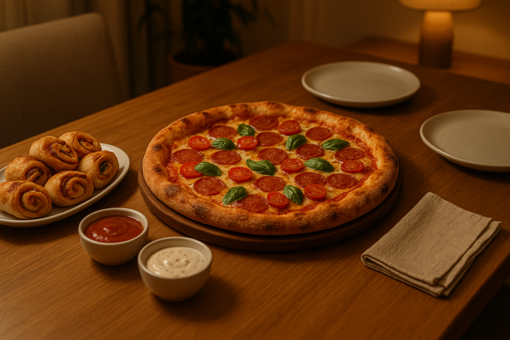 Pizza z chrupiącym ciastem, rollsy i sosy podane na stole na wspólny wieczór w domu
